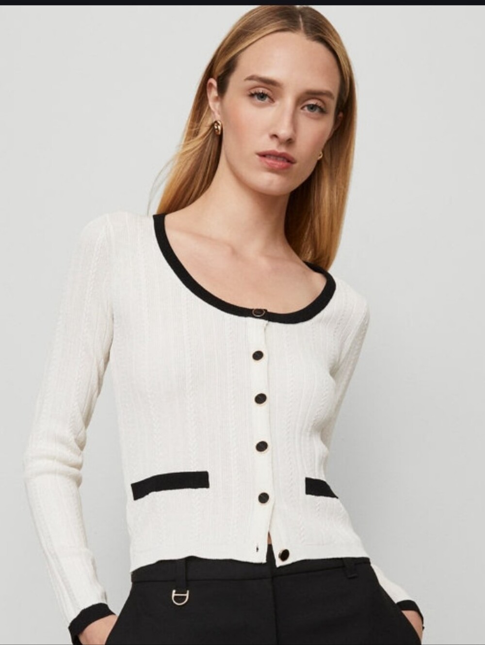 NWT Ann Taylor Cream Ribbed Cardigan with Black Trim Small Petite
